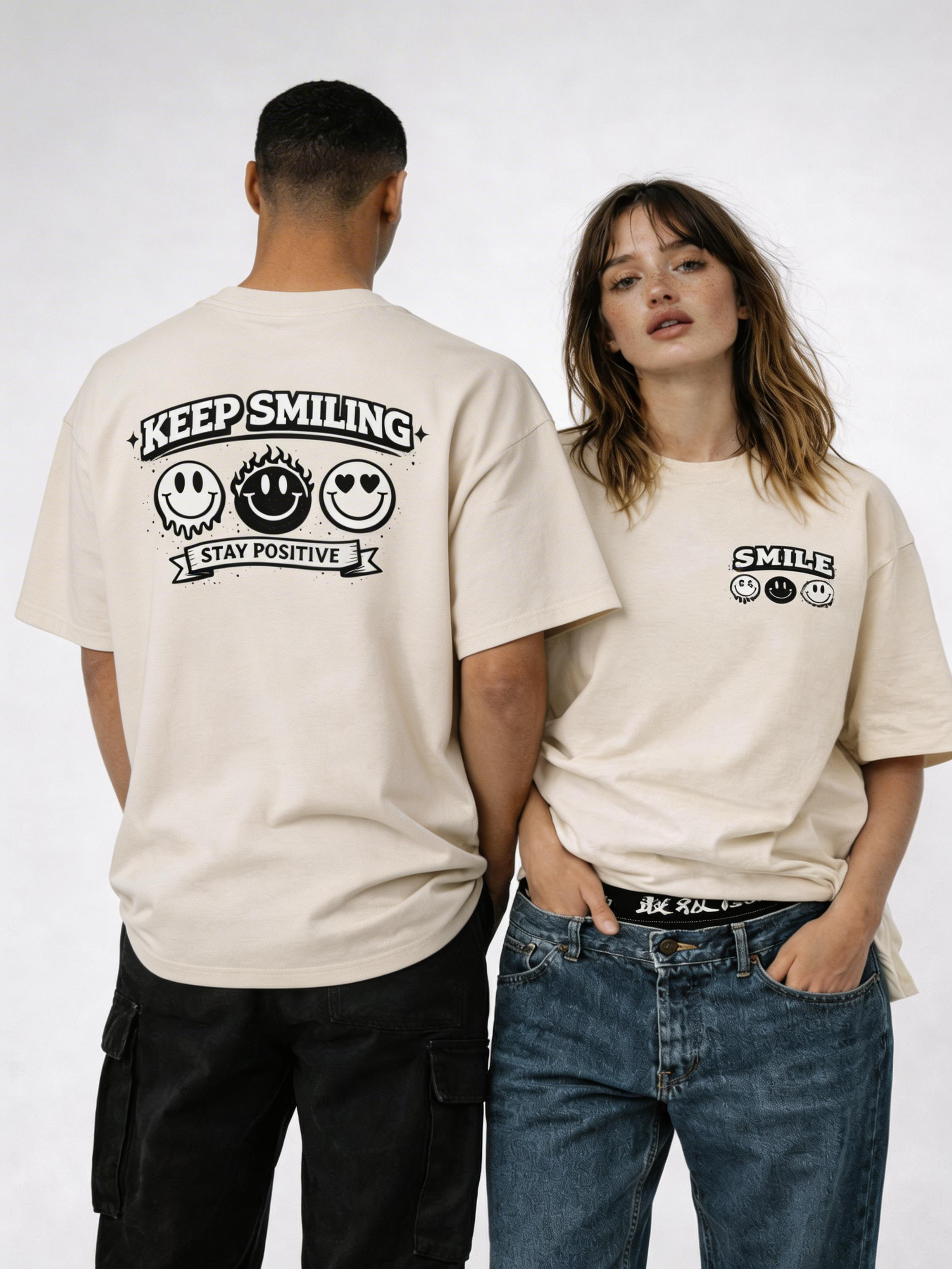 male model back view and female model front view wearing oversized beige keep smiling graphic streetwear t-shirt urban fashion outfit