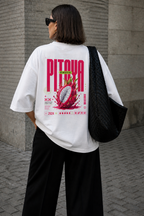 model back view wearing oversized white graphic t shirt pitaya exotic fruit graphic streetwear fashion