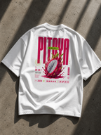 flat lay oversized white graphic t shirt back view pink pitaya exotic fruit design urban streetwear outfit