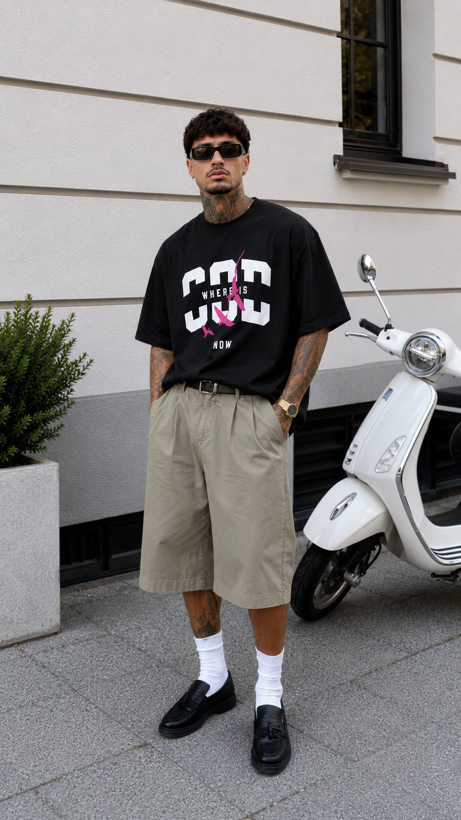 male model standing beside scooter wearing oversized black graphic t shirt with pink bird statement design streetwear fashion
