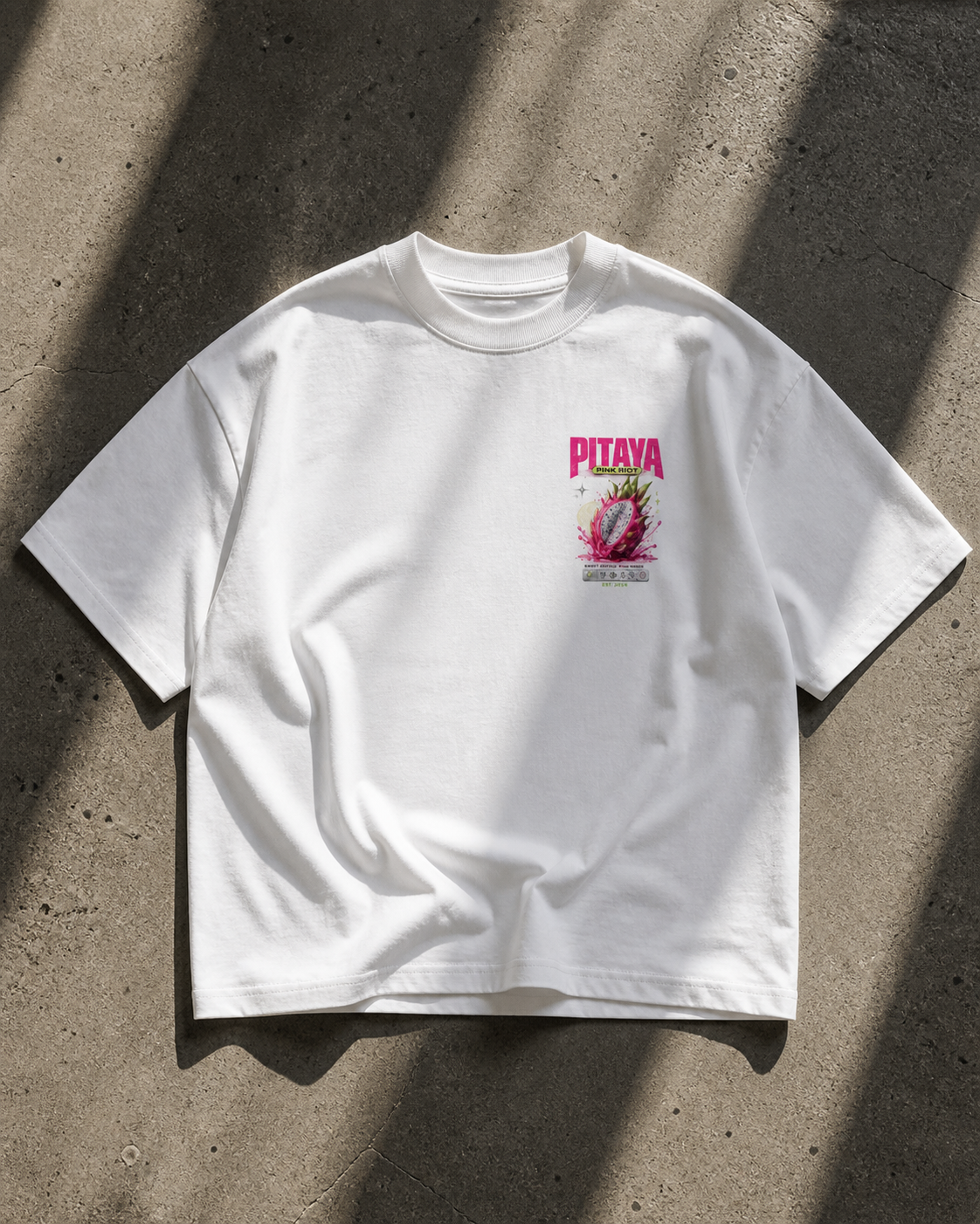 product front view oversized white graphic t shirt pitaya pink riot chest print graphic streetwear