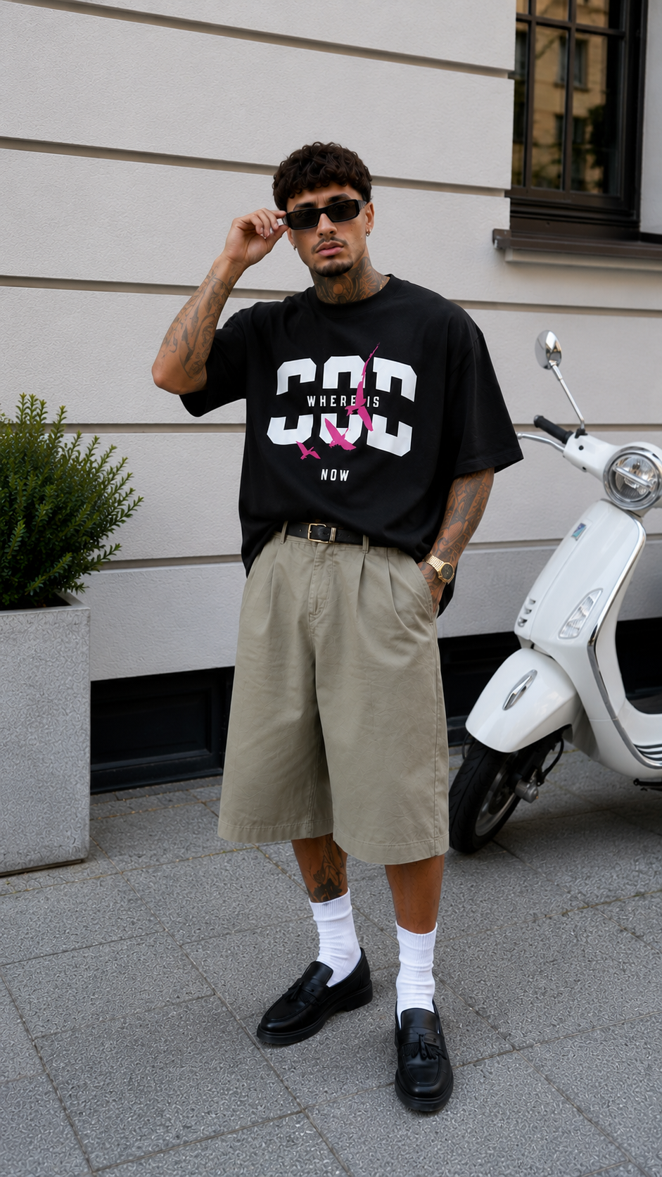 male model adjusting sunglasses wearing oversized black graphic t shirt with pink bird graphic urban streetwear outfit
