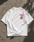flat lay front view white oversized graphic t shirt pink pitaya chest design streetwear fashion