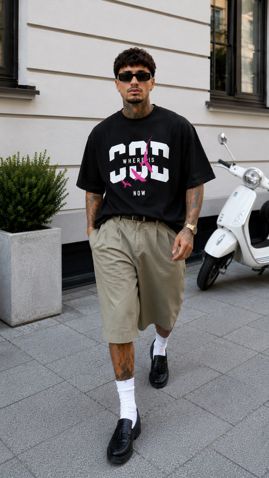 male model walking toward camera wearing oversized black graphic t shirt with pink bird statement artwork graphic streetwear fashion
