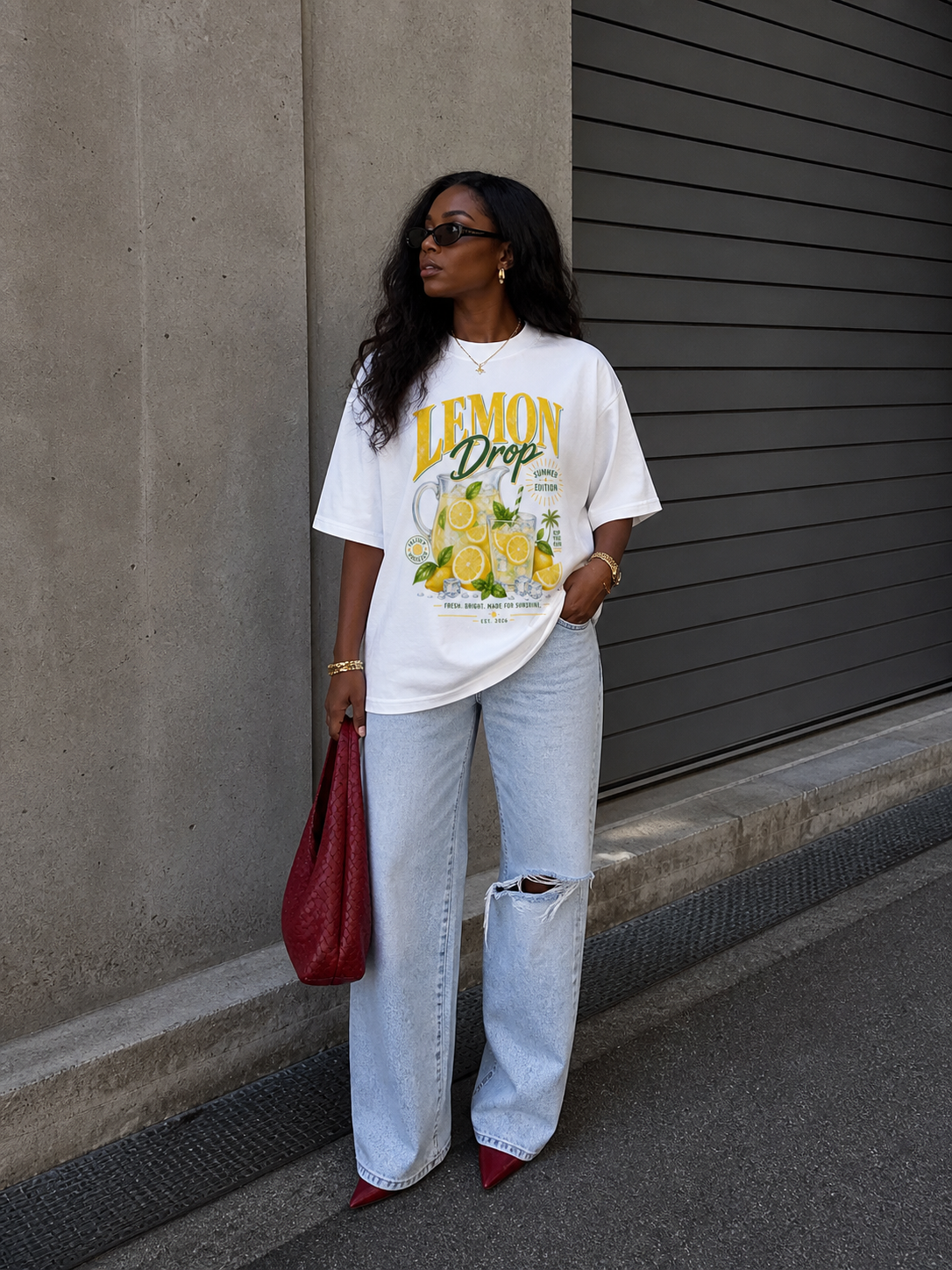 model standing side view wearing oversized white graphic t shirt lemon drop summer edition print with light wash ripped jeans streetwear fashion