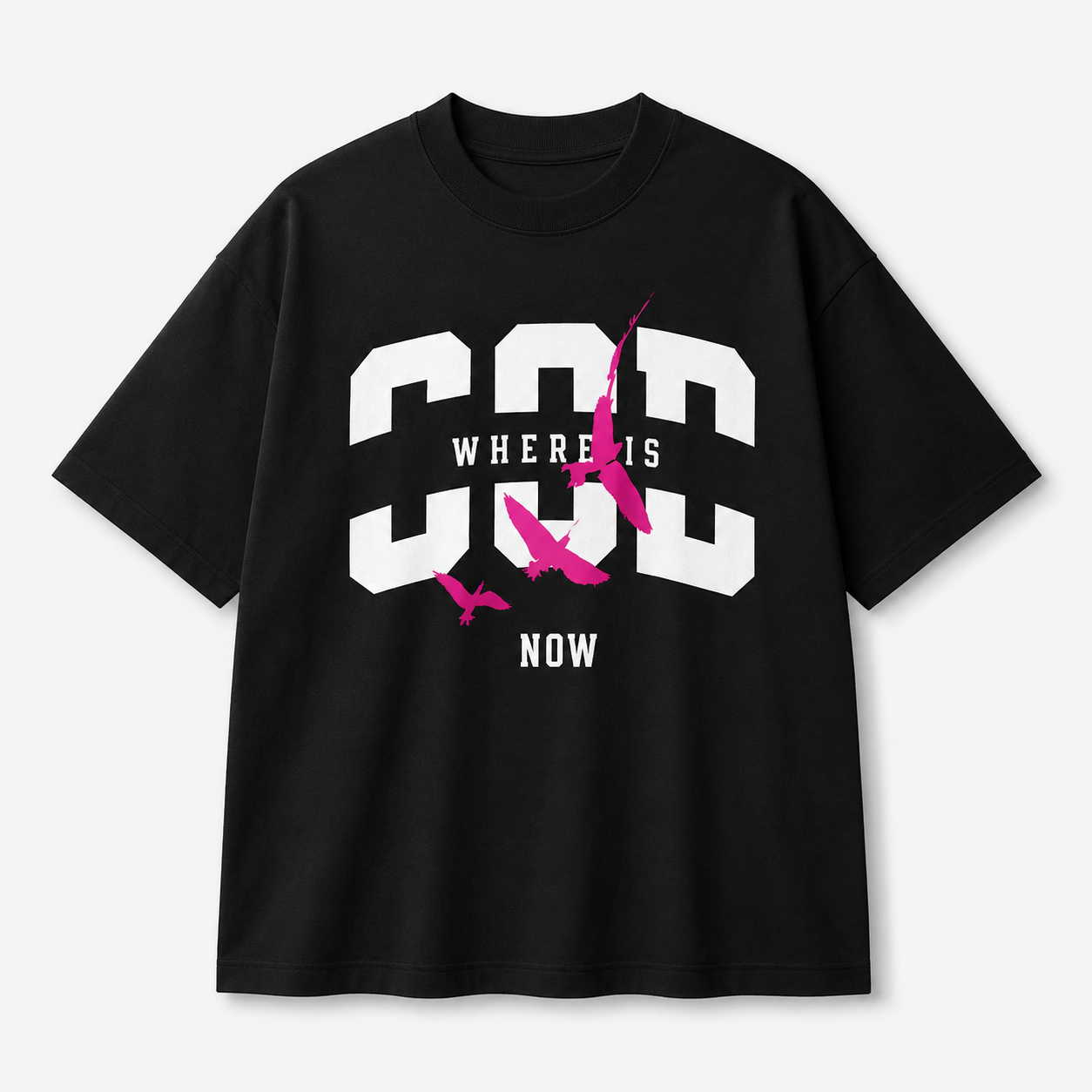 front view oversized black graphic t shirt with pink bird statement design laid flat minimalist streetwear fashion