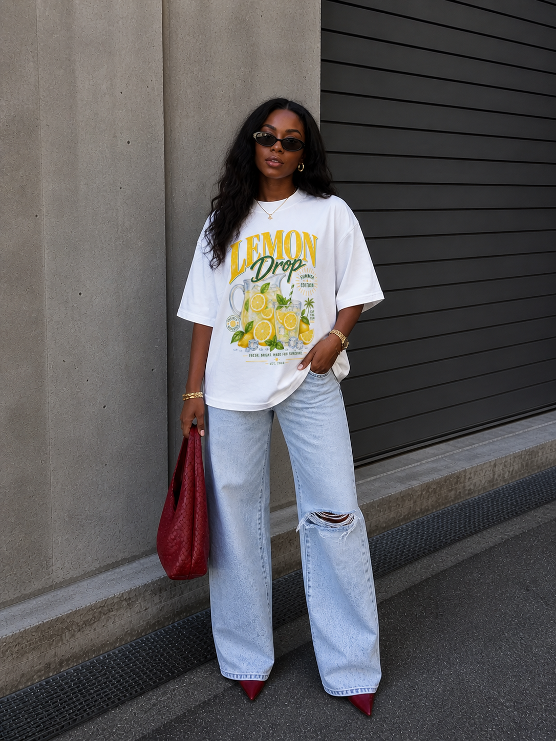 model front pose wearing oversized white lemon drop lemonade graphic t shirt with ripped light wash jeans and red heels streetwear fashion