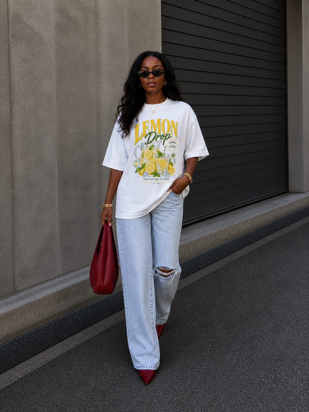 model walking front view wearing oversized white lemon drop graphic t shirt summer edition with wide leg ripped jeans streetwear fashion