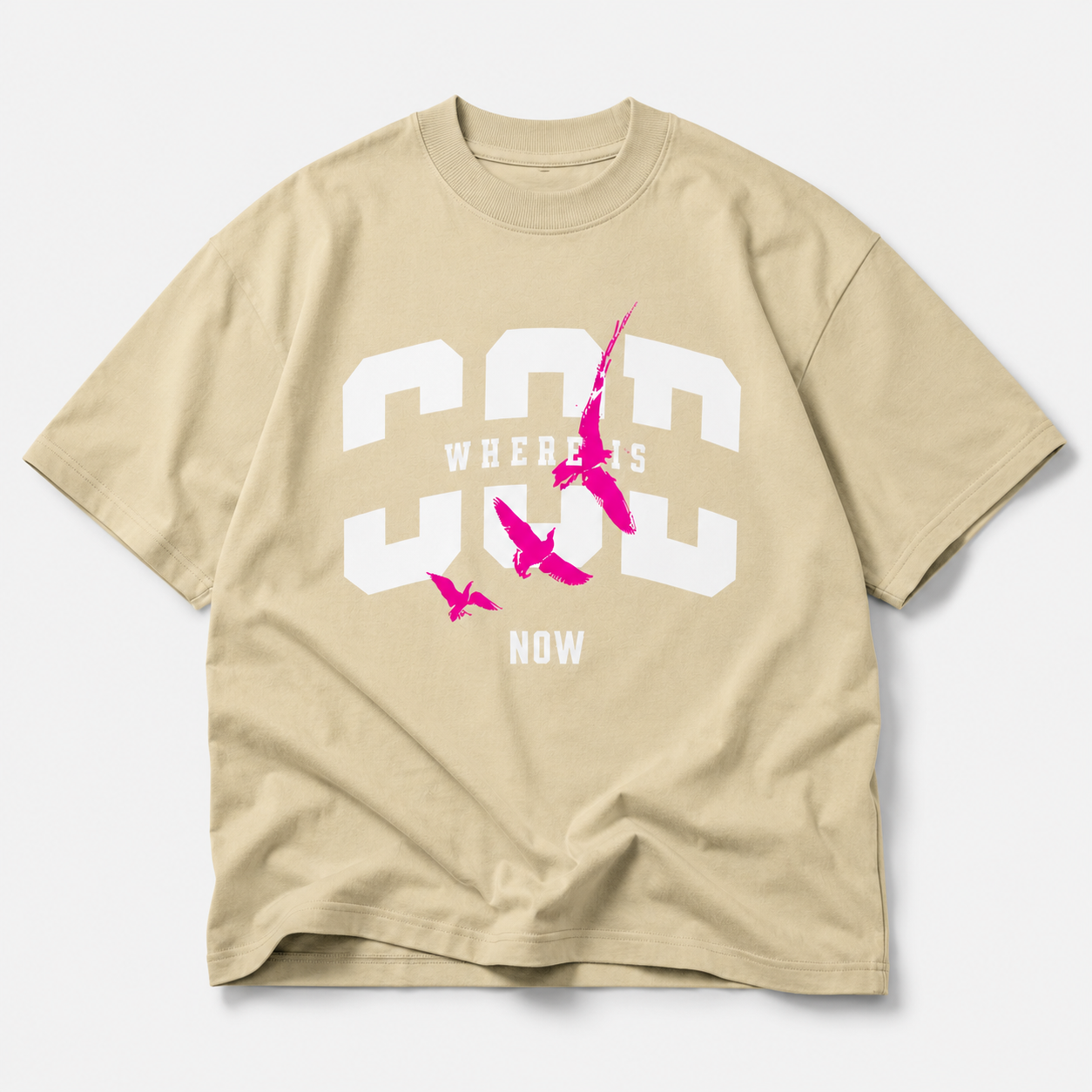front view beige oversized graphic t shirt featuring pink bird design and bold text streetwear clothing