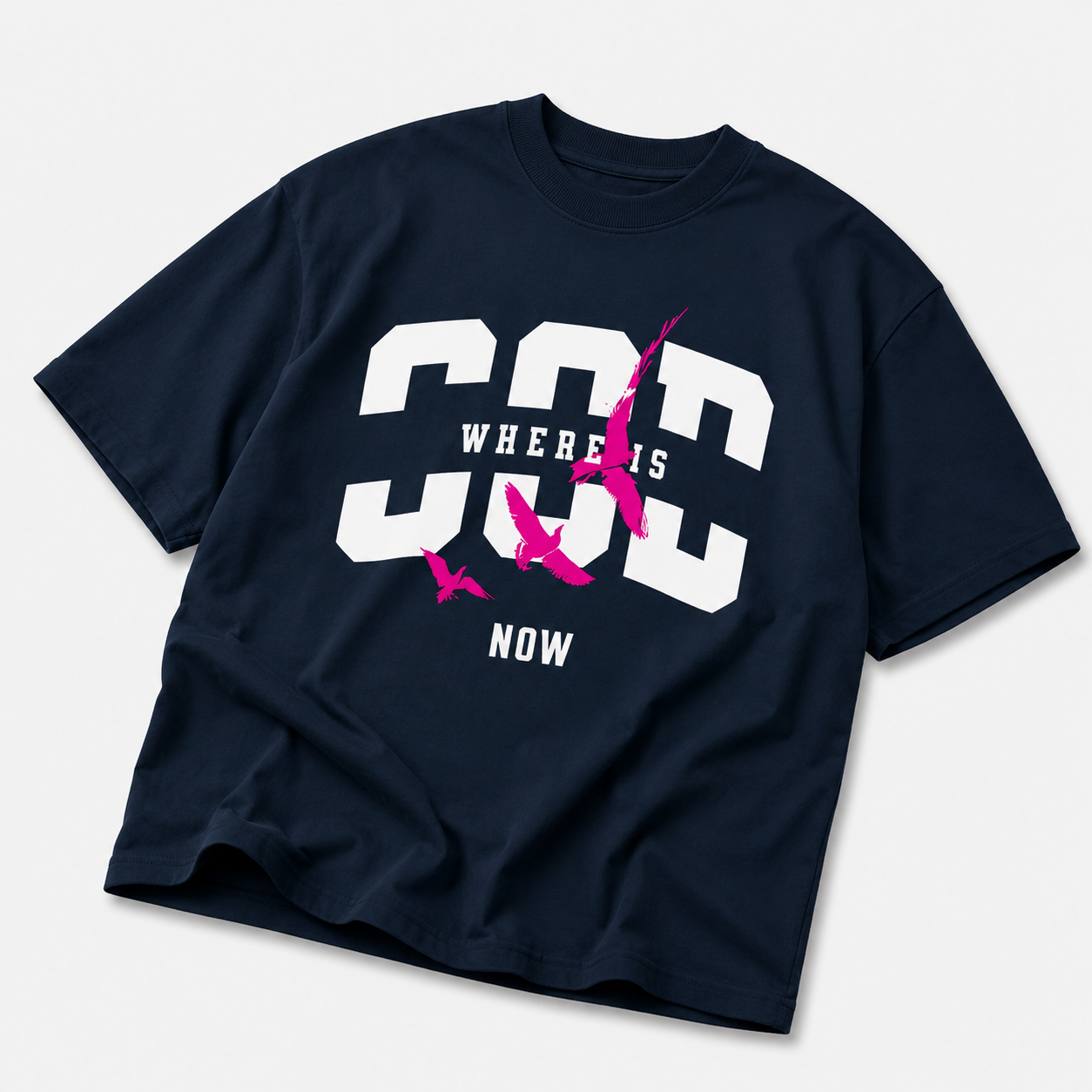 navy oversized graphic t shirt with pink bird statement graphic laid flat premium streetwear fashion