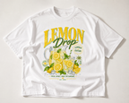 product flat lay front view white oversized graphic t shirt lemon drop summer edition lemonade design streetwear fashion