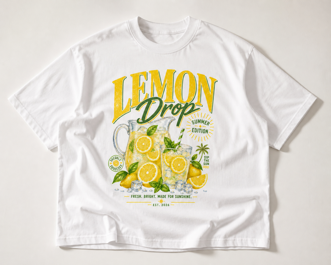 product flat lay front view white oversized graphic t shirt lemon drop summer edition lemonade design streetwear fashion