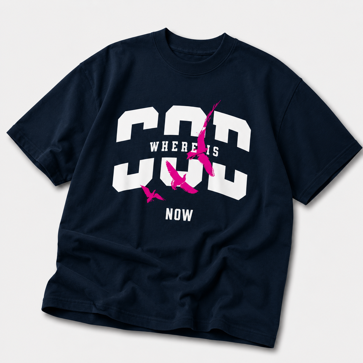 front view navy oversized graphic t shirt featuring pink bird artwork and bold typography urban streetwear apparel