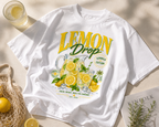 flat lay styled view white oversized lemon drop graphic t shirt with lemonade design summer edition streetwear fashion