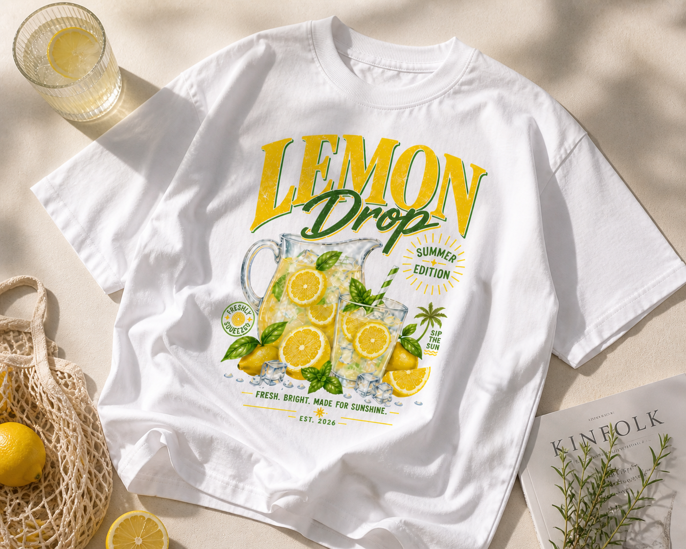 flat lay styled view white oversized lemon drop graphic t shirt with lemonade design summer edition streetwear fashion