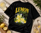 styled flat lay black relaxed fit lemon drop graphic t shirt with citrus lemonade print summer streetwear fashion