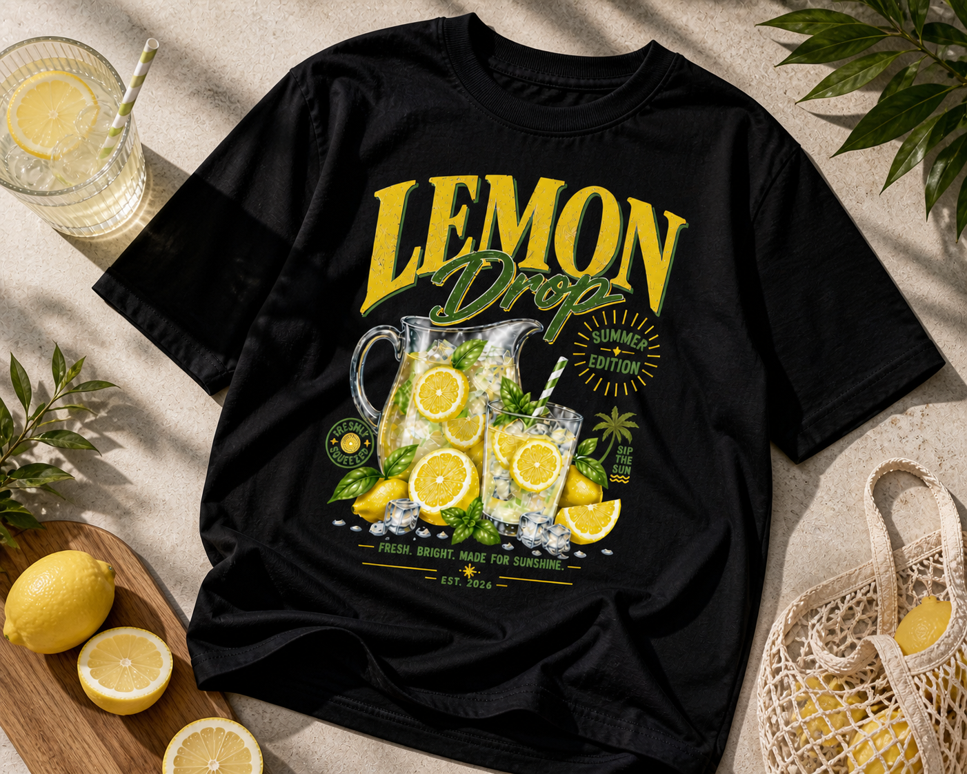 styled flat lay black relaxed fit lemon drop graphic t shirt with citrus lemonade print summer streetwear fashion