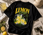 product lifestyle flat lay black oversized lemon drop lemonade graphic t shirt with summer aesthetic urban streetwear outfit