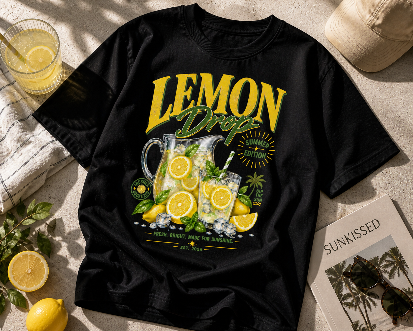 product lifestyle flat lay black oversized lemon drop lemonade graphic t shirt with summer aesthetic urban streetwear outfit