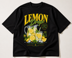 product flat lay front view black oversized graphic t shirt lemon drop summer edition lemonade design streetwear fashion