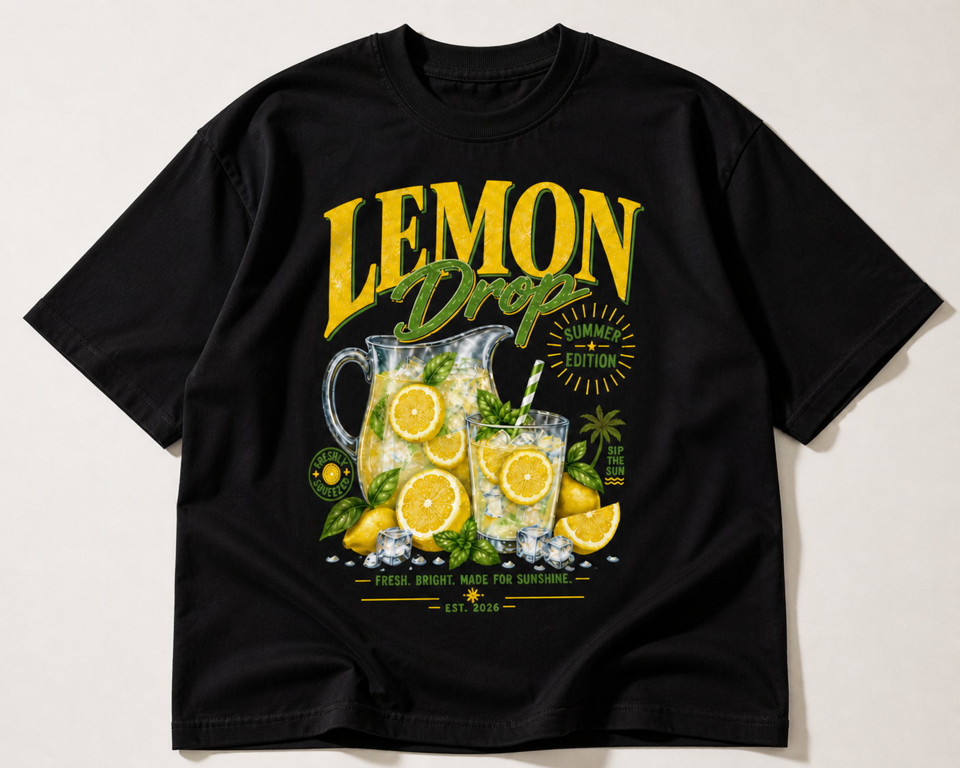 product flat lay front view black oversized graphic t shirt lemon drop summer edition lemonade design streetwear fashion