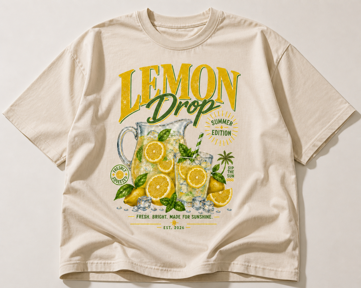 product flat lay front view beige oversized graphic t shirt lemon drop summer edition lemonade design streetwear fashion