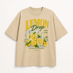 product front view beige oversized graphic t shirt lemon drop summer edition print streetwear fashion