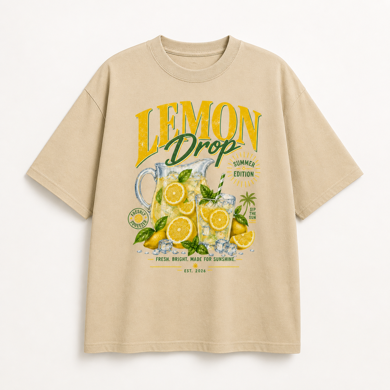 product front view beige oversized graphic t shirt lemon drop summer edition print streetwear fashion