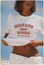 model close-up wearing oversized white Monaco graphic t-shirt Riviera varsity design streetwear fashion