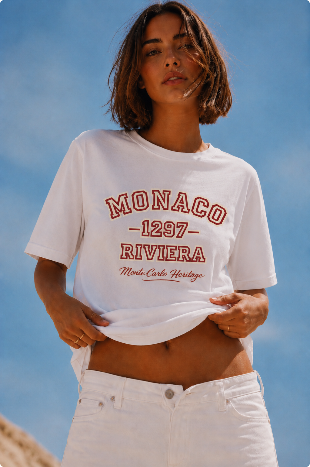 model front close up wearing oversized white graphic t shirt monaco riviera design beach streetwear fashion