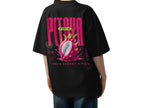 model back view wearing oversized black graphic t shirt pitaya exotic dragon fruit back graphic urban streetwear outfit