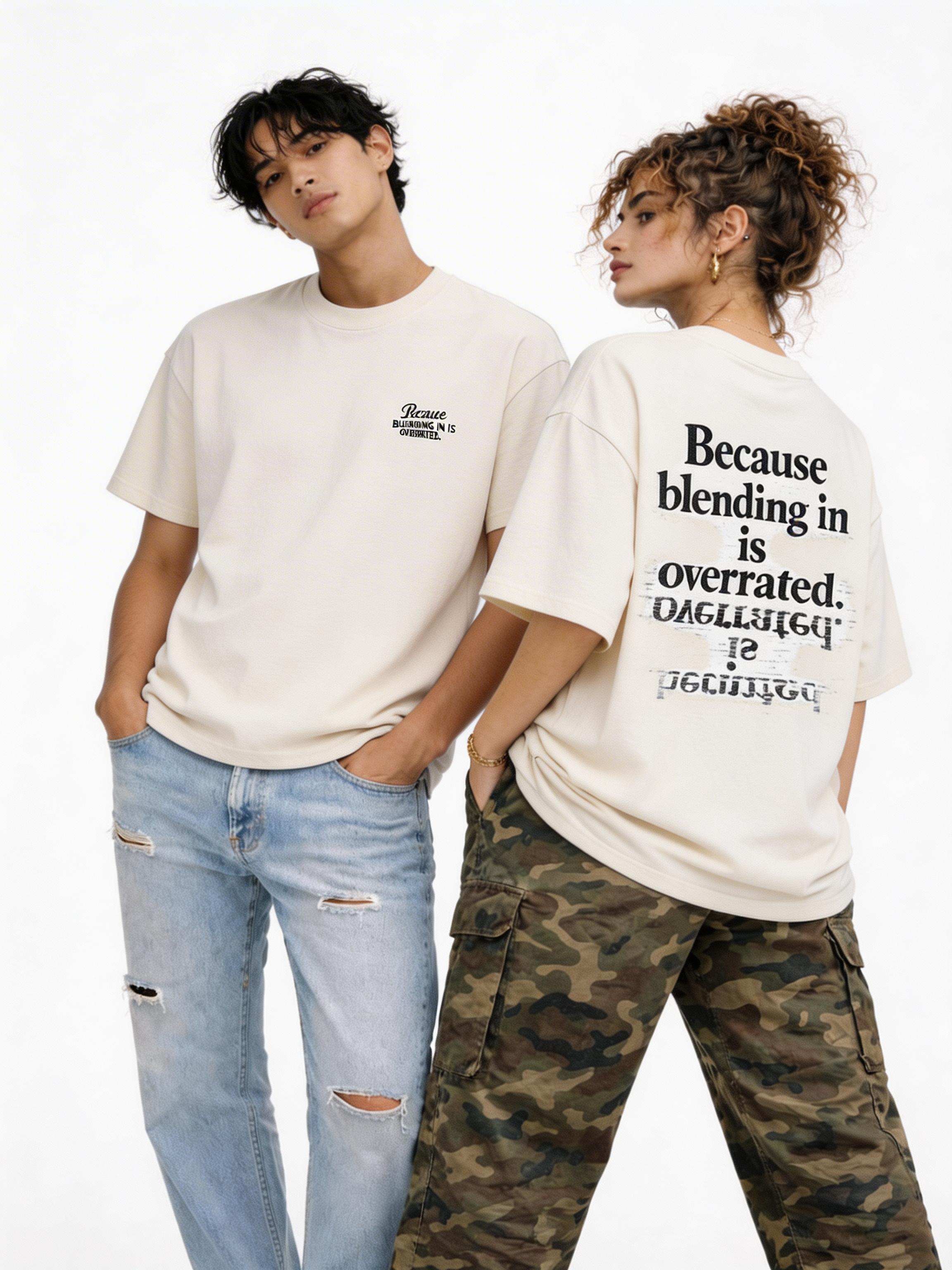 male and female models wearing oversized beige graphic t-shirt because blending in is overrated streetwear outfit front and back view