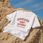 product flat lay white graphic t shirt monaco riviera typography design beach aesthetic streetwear fashion