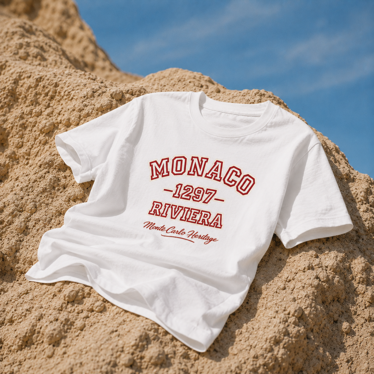 product flat lay white graphic t shirt monaco riviera typography design beach aesthetic streetwear fashion