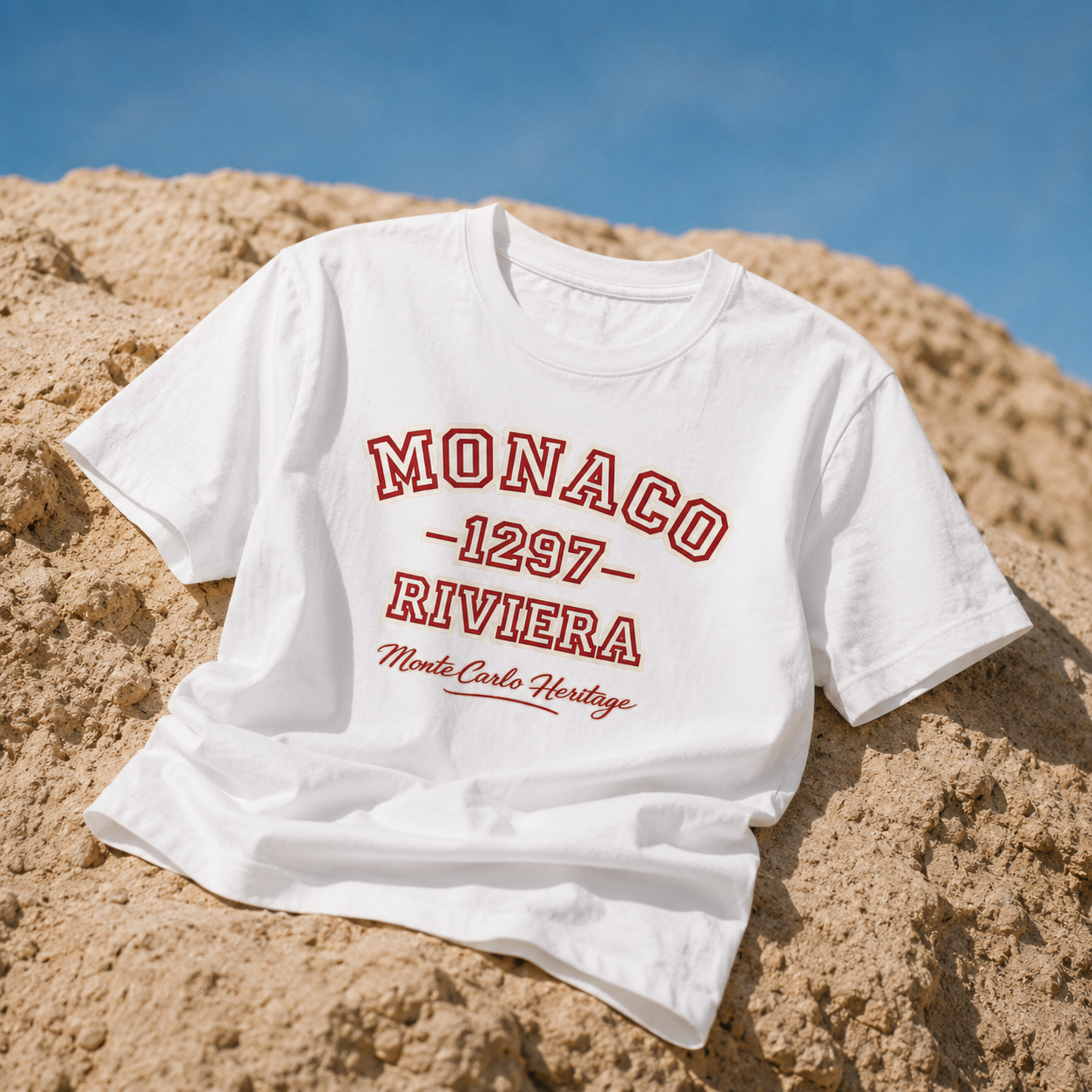 product angled flat lay white oversized graphic t shirt monaco monte carlo heritage urban streetwear outfit