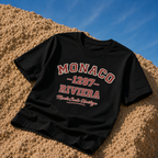product flat lay black organic graphic t shirt monaco riviera typography beach streetwear fashion