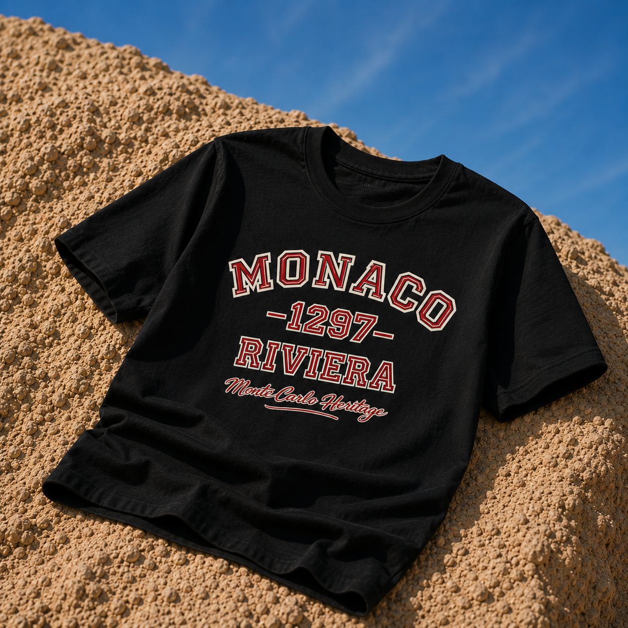 product flat lay black organic graphic t shirt monaco riviera typography beach streetwear fashion
