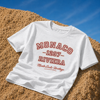 product flat lay heather grey organic graphic t shirt monaco riviera typography beach streetwear fashion