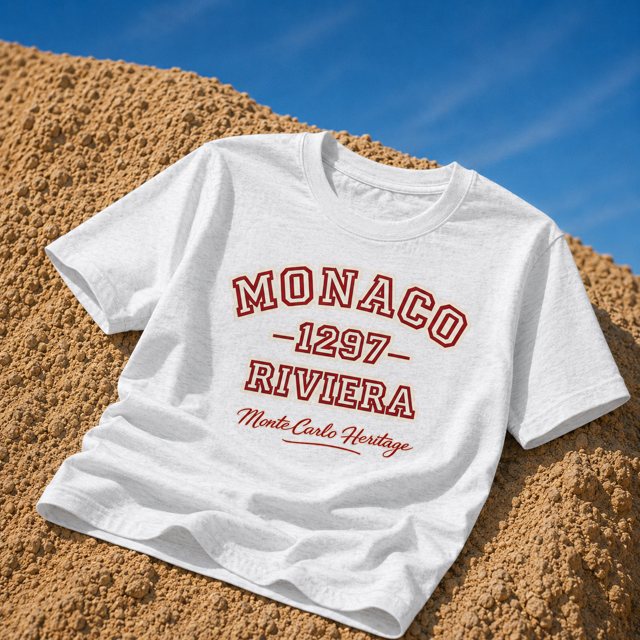 product flat lay heather grey organic graphic t shirt monaco riviera typography beach streetwear fashion