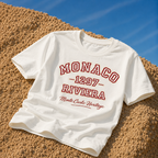 product flat lay off white organic graphic t shirt monaco riviera typography beach streetwear fashion