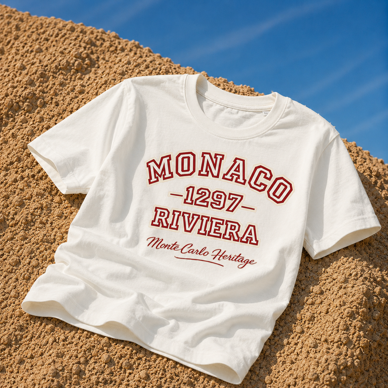 product flat lay off white organic graphic t shirt monaco riviera typography beach streetwear fashion