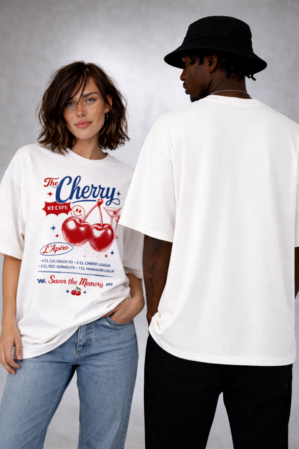 female model front view and male model back view wearing oversized white cherry graphic streetwear t shirt recipe design urban fashion outfit