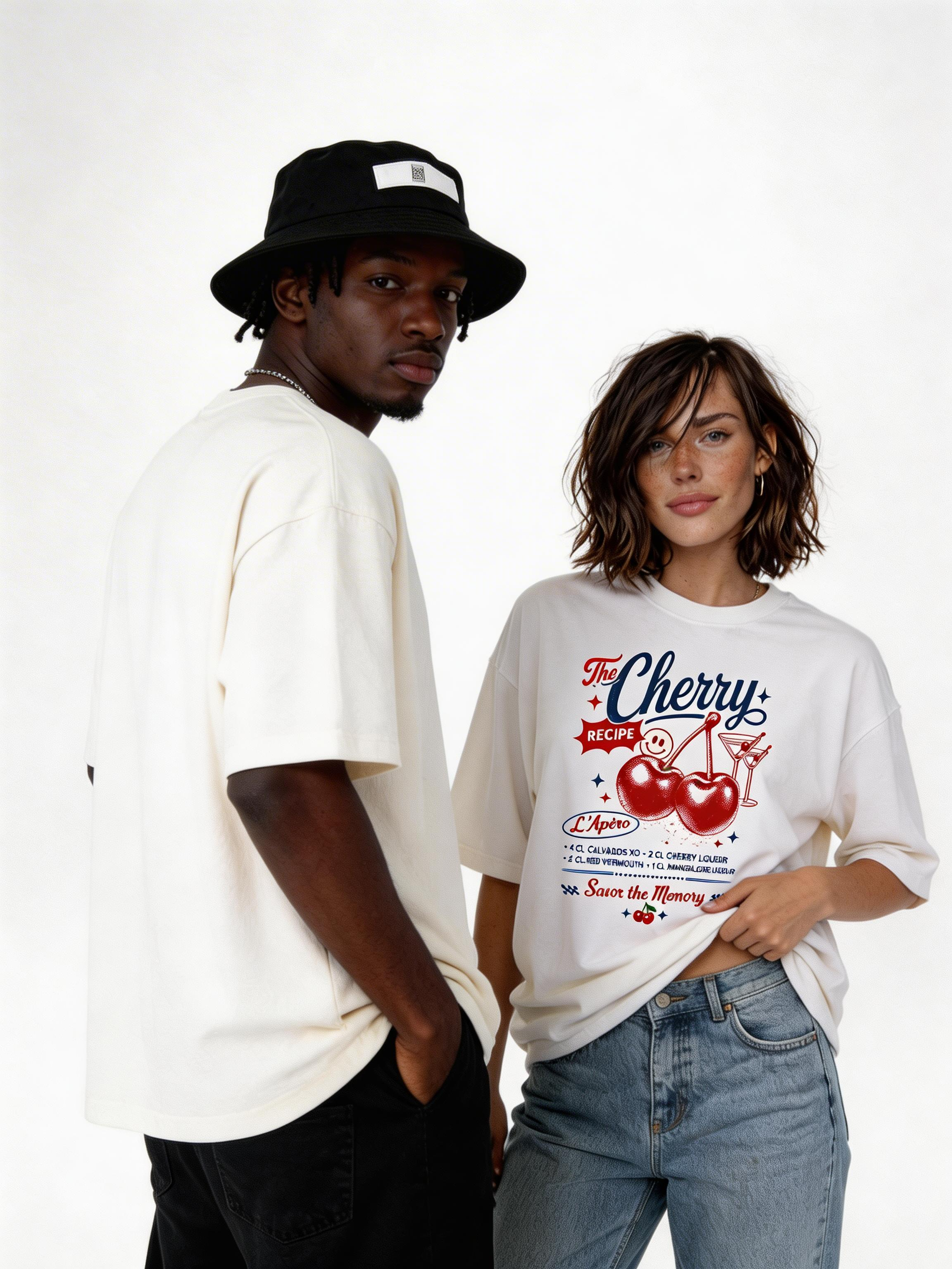 male and female models wearing oversized white cherry recipe graphic streetwear t shirt casual urban streetwear outfit