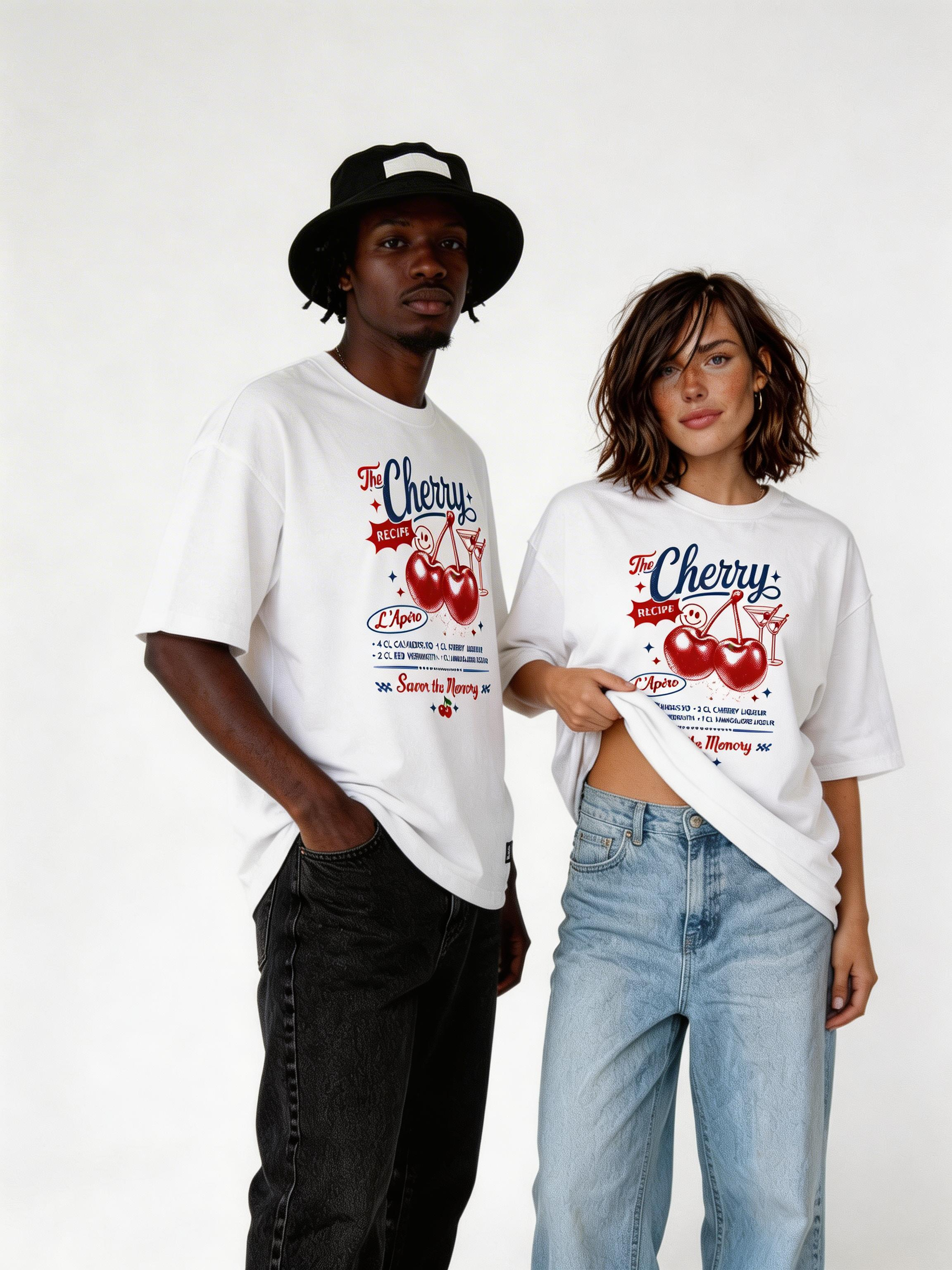 male and female models wearing oversized white cherry recipe graphic streetwear t shirt relaxed urban streetwear outfit full body