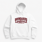 front view oversized white varsity graphic hoodie boundaries are a lifestyle streetwear fashion