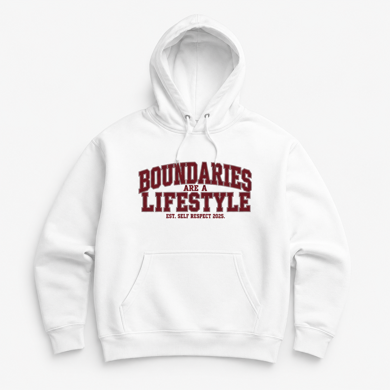 front view oversized white varsity graphic hoodie boundaries are a lifestyle streetwear fashion