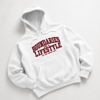 angled flat lay oversized white statement hoodie red collegiate typography urban streetwear outfit