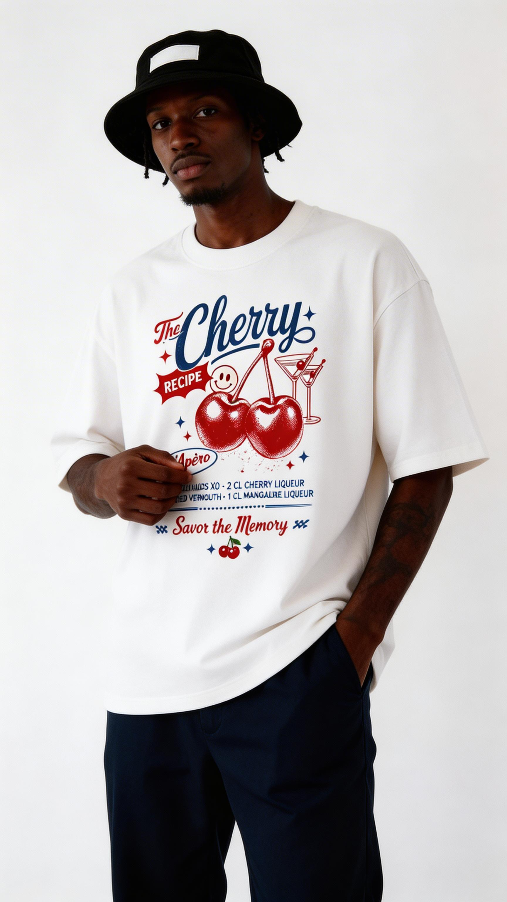 male model wearing oversized white cherry recipe graphic streetwear t shirt urban fashion outfit close up
