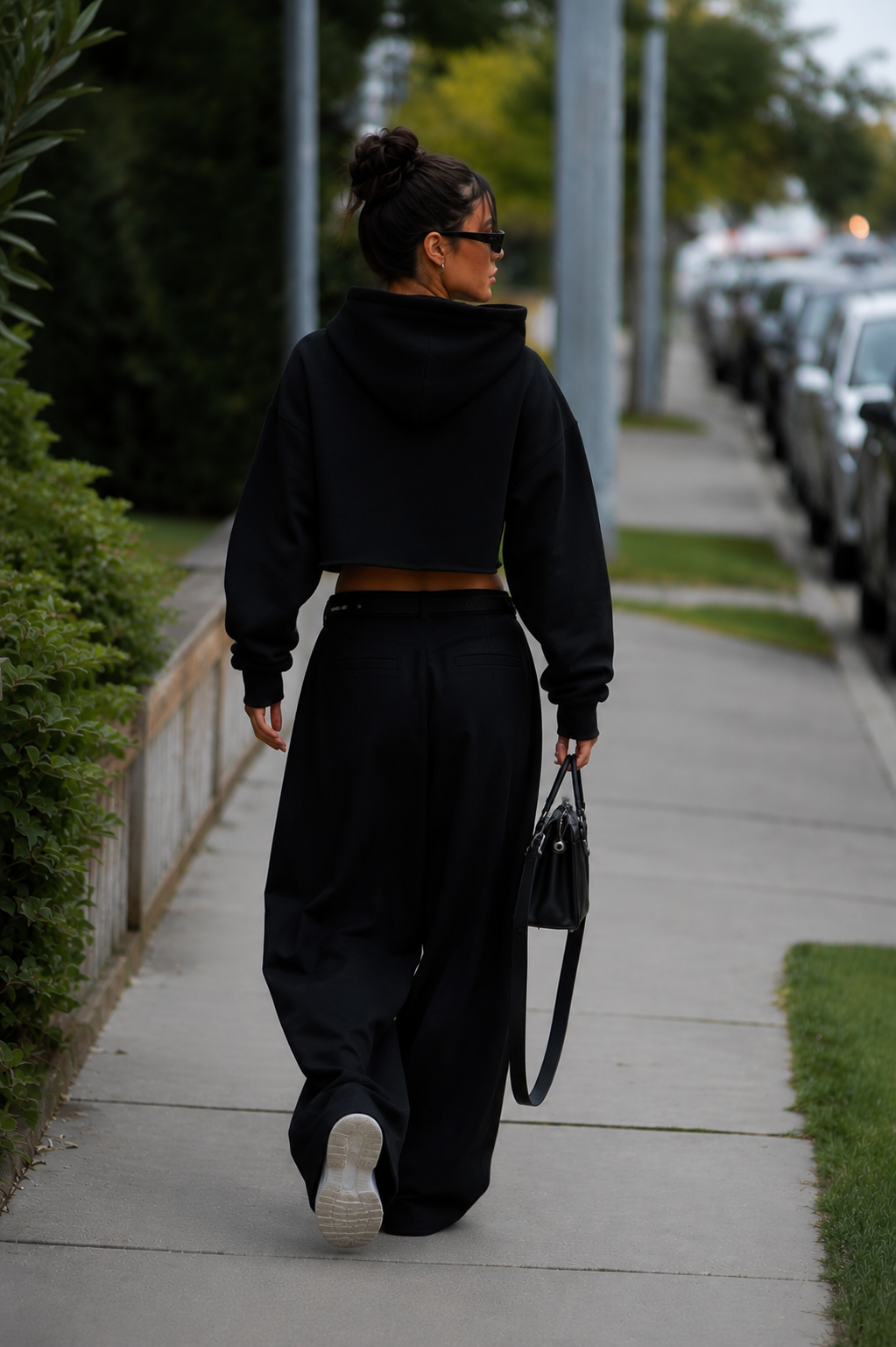 model back walking view wearing black cropped hoodie clean back minimal streetwear fashion