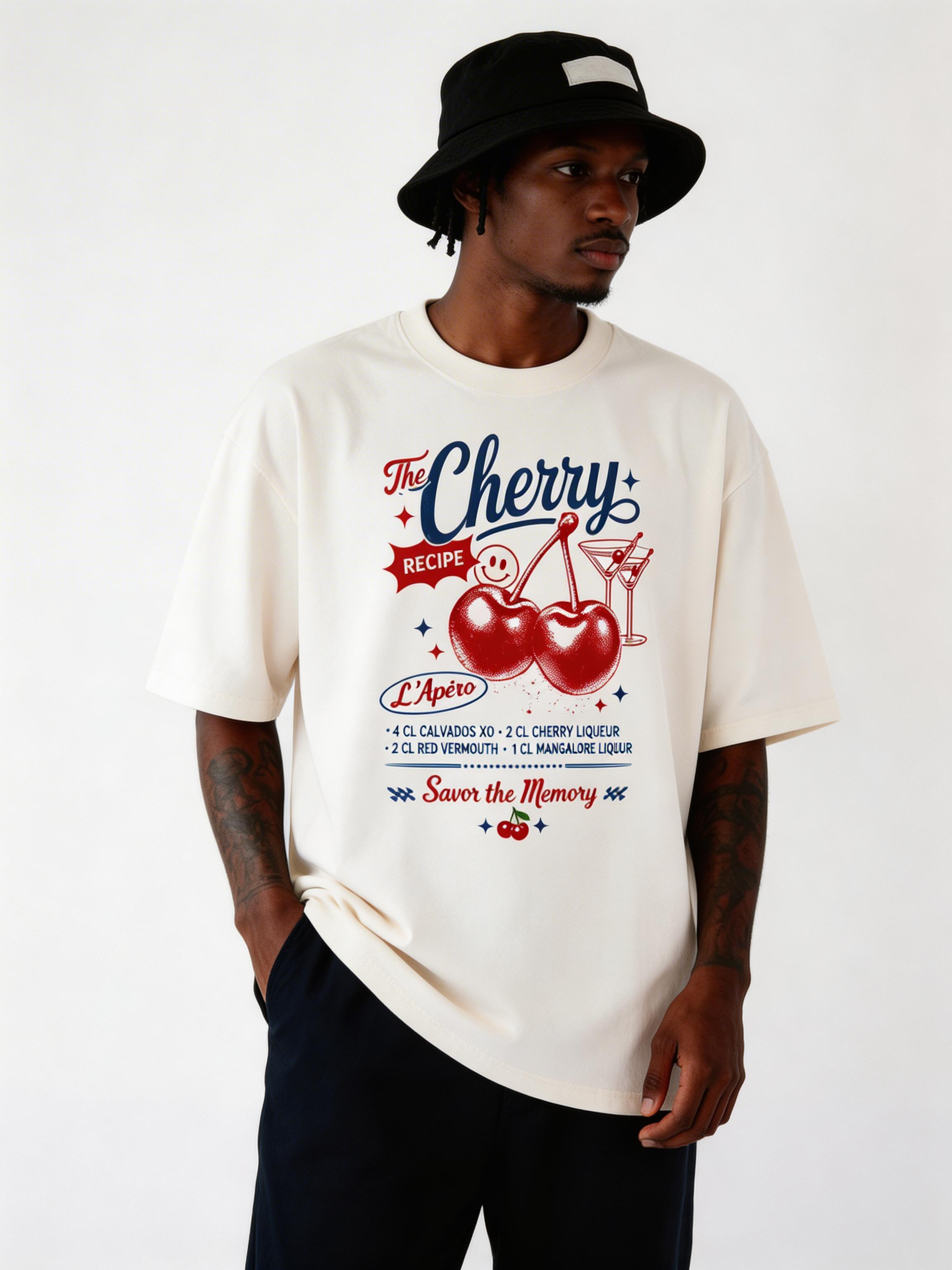 male model wearing oversized white cherry recipe graphic streetwear t shirt urban fashion outfit close up